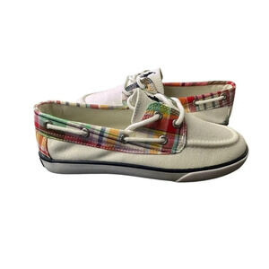 POLO RALPH LAUREN Kids Size 1.5 Coast Loafer Boat Shoes Canvas White/ Orange